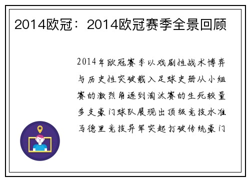 2014欧冠：2014欧冠赛季全景回顾